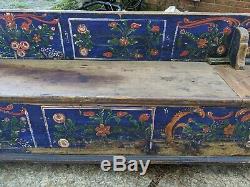 10' Long Antique Hungarian Pine Storage Bench Hand Painted Folk Art Late 1800