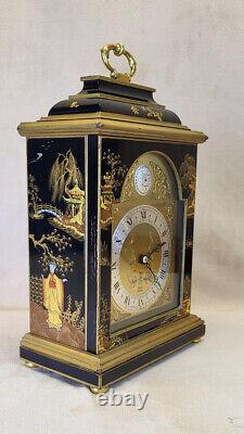 1969 Elliott of London Hand Painted Chinoiserie Lacquer & Gilt 8-Day Shelf Clock