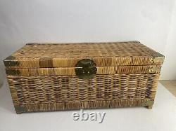 1970s Chinoiserie Handwoven Wicker Trunk Or Blanket Chest With Brass Hardware