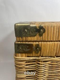 1970s Chinoiserie Handwoven Wicker Trunk Or Blanket Chest With Brass Hardware