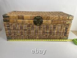 1970s Chinoiserie Handwoven Wicker Trunk Or Blanket Chest With Brass Hardware