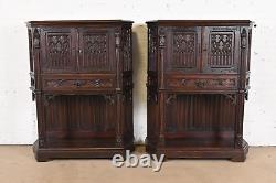 19th Century Belgian Gothic Revival Carved Dark Oak Bar Cabinets, Pair