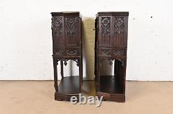 19th Century Belgian Gothic Revival Carved Dark Oak Bar Cabinets, Pair