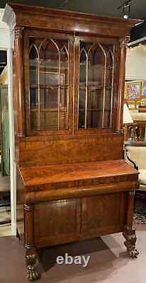 19th c Late Federal Mahogany Two Part Bookcase/Secretary Desk with Carved Paw Feet