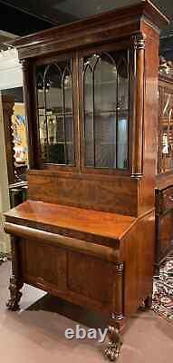 19th c Late Federal Mahogany Two Part Bookcase/Secretary Desk with Carved Paw Feet