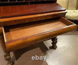 19th c Late Federal Mahogany Two Part Bookcase/Secretary Desk with Carved Paw Feet