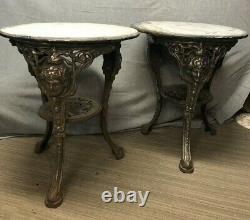 2 Antique Cast Iron English Victorian Pub Table Late 19thc with Marble Tops (read)