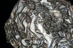 2 Antique Late 19thC Art Nouveau Maidens Bronze & Silver Gilt Cast Iron Plaques