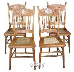 4 Antique Oak Press Back Carved Dining Chairs Cane Seat Spindled Late Victorian
