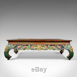 4 Foot Vintage Oriental Low Coffee Table, Hand Carved Painted Frieze, Late C20th