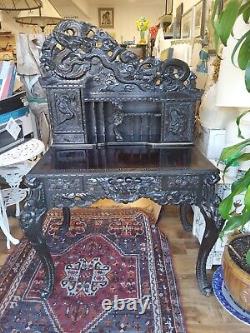ANTIQUE CHINESE Ornate Hand Carved Secretary/Desk Late 19th Century