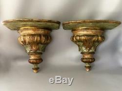 ANTIQUE LATE 1800's ITALIAN FLORENTINE GOLD HAND CARVED WOOD SHELF SCONCE PAIR