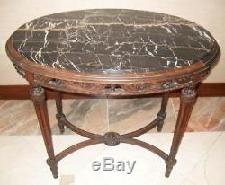 ANTIQUE LATE 19c LOUIS XVI REVIVAL WALNUT w BLACK MARBLE OVAL PARLOR SIDE TABLE