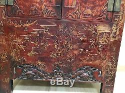 AUTHENTIC ANTIQUE QING DYNASTY RED LACQUERED LARGE CABINET -LATE 1800s