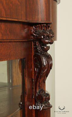 Antique 19th C. Victorian Carved Oak Bowed Glass Curio China Cabinet