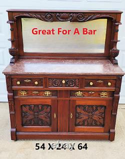 Antique 19th Century Late 1800s Carved Walnut Marble Top Buffet GREAT FOR A BAR