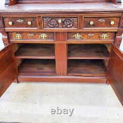 Antique 19th Century Late 1800s Carved Walnut Marble Top Buffet GREAT FOR A BAR