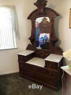 Antique Bedroom Set Walnut Bed & Dresser withMirror & Marble Victorian-Late 1800