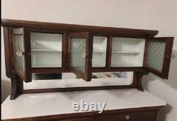 Antique Ca. Late 1910s Wooden Dental Cabinet w Frosted Glass Doors & Marble Base