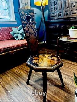 Antique Carved and Painted 4-Legged Fruitwood Spinning Chair, Late 19th Century