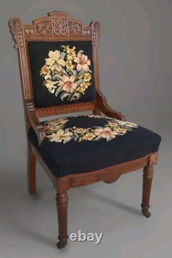 Antique Chair Late 1800 Eastlake and Edwardian Mahogany Black Needlepoint Floral