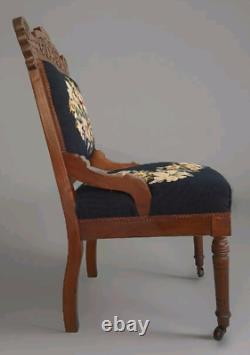 Antique Chair Late 1800 Eastlake and Edwardian Mahogany Black Needlepoint Floral