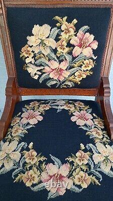 Antique Chair Late 1800 Eastlake and Edwardian Mahogany Black Needlepoint Floral