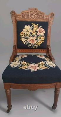 Antique Chair Late 1800 Eastlake and Edwardian Mahogany Black Needlepoint Floral