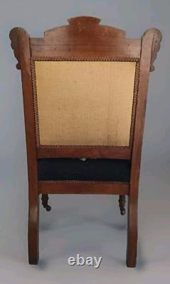 Antique Chair Late 1800 Eastlake and Edwardian Mahogany Black Needlepoint Floral