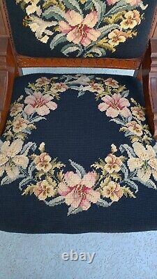 Antique Chair Late 1800 Eastlake and Edwardian Mahogany Black Needlepoint Floral