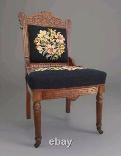 Antique Chair Late 1800 Eastlake and Edwardian Mahogany Black Needlepoint Floral