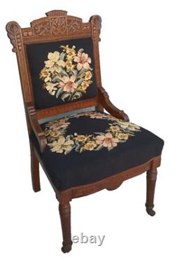 Antique Chair Late 1800 Eastlake and Edwardian Mahogany Black Needlepoint Floral