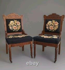 Antique Chair Late 1800 Eastlake and Edwardian Mahogany Black Needlepoint Floral