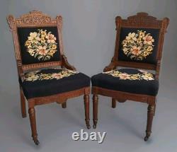 Antique Chair Late 1800 Eastlake and Edwardian Mahogany Black Needlepoint Floral