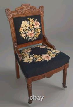 Antique Chair Late 1800 Eastlake and Edwardian Mahogany Black Needlepoint Floral