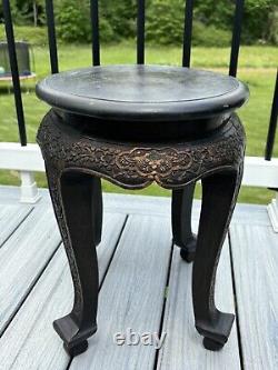 Antique Chinese Carved Wood Stool Bats & Flowers