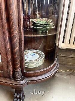 Antique Circa 1900 Bow Front Quarter Sawn Oak Five Shelf Mirrored China Cabinet
