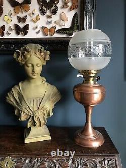 Antique Copper Oil Lamp with acid etched shade & glass chimney late 19th century