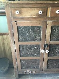 Antique Country Punch Tin Door Board Back Pie Safe Circa Late 1800's Square Nail
