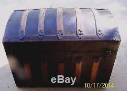 Antique Dome Top Victorian Steamer Trunk Embossed Tin and Wood Circa late 1800s