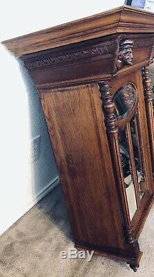 Antique French Carved Oak Hanging Beveled Glass Cabinet C. Late 19th Century