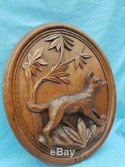 Antique French, Hand carved oak medallion panel, black forest, wolf, late 19th