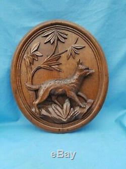 Antique French, Hand carved oak medallion panel, black forest, wolf, late 19th