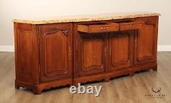 Antique French Louis XV Style Breccia Marble Top Long Oak Sideboard