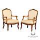 Antique French Louis XV Style Pair of Carved Walnut Fauteuil Armchairs