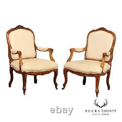 Antique French Louis XV Style Pair of Carved Walnut Fauteuil Armchairs