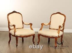 Antique French Louis XV Style Pair of Carved Walnut Fauteuil Armchairs