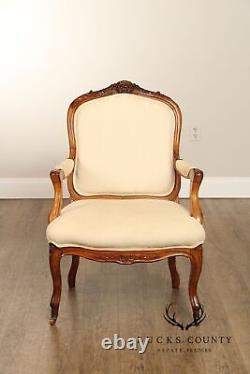 Antique French Louis XV Style Pair of Carved Walnut Fauteuil Armchairs