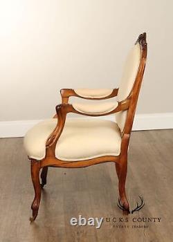 Antique French Louis XV Style Pair of Carved Walnut Fauteuil Armchairs