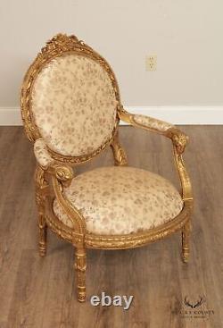 Antique French Louis XVI Style Carved Giltwood Fauteuil Armchair